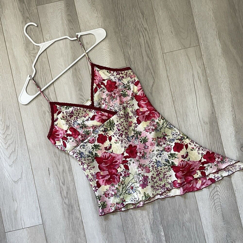 Y2K Floral Tank Top asymmetrical lace womens Red (medium) vintage feminine girly